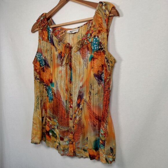 Dressbarn Shirt Large Sleeveless Pleated Button Up Orange Whimsical Forest Fairy - Picture 8 of 16